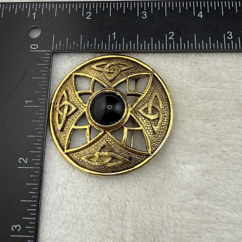 Vintage Celtic Trinity Knot Brooch Gold Tone Black Acrylic